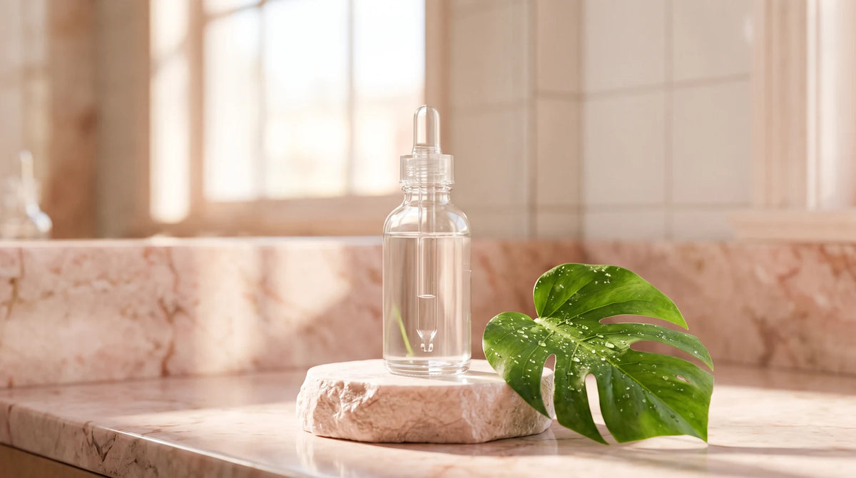 A glass dropper bottle containing clean hair revival serum resting on a marble surface in soft daylight.