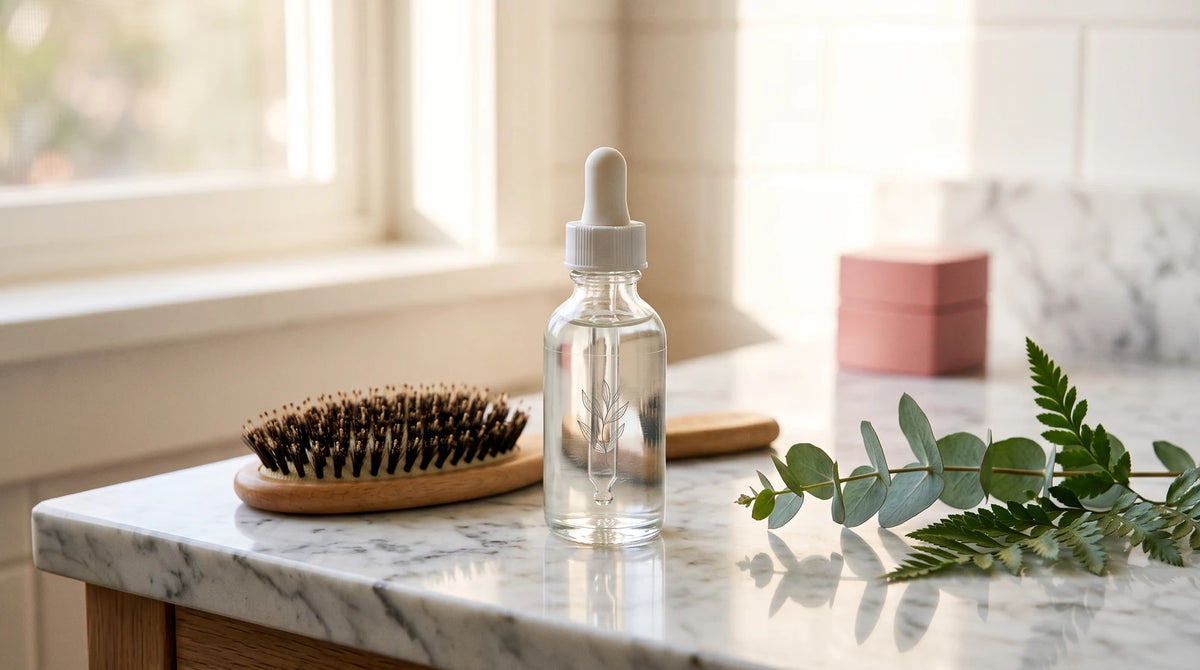 Gentle botanical hair density serum bottle on a marble counter in soft morning daylight